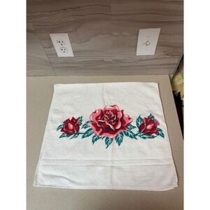 Vintage Cannon White Hand Towel Red Rose Floral Print Cotton Terry 20x36